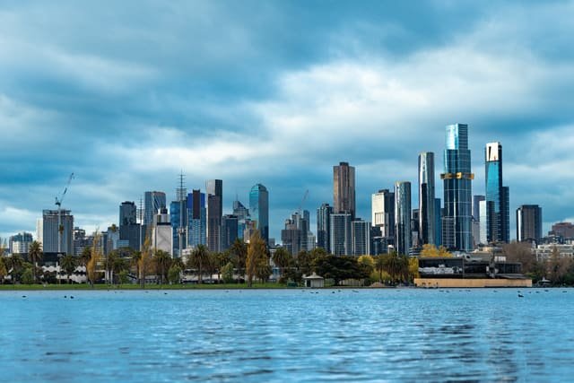 Skyline Across the Lake on a wall above a sofa